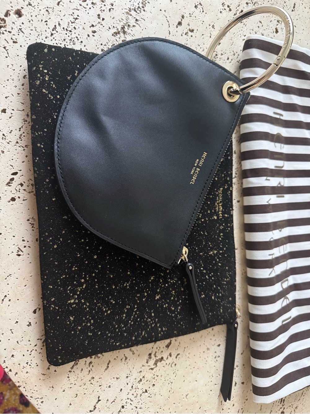 Henri Bendel Black Crescent Wristlet and Gold Splatter Paint with Ring
